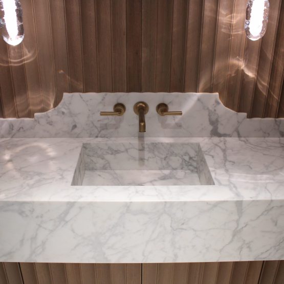 Calacatta Miel Honed Mitered Apron with integrated sink