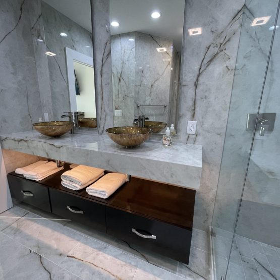 Porcelian Mitered Floating Vanity and walls
